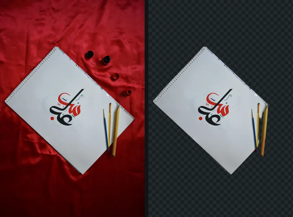 A sketchbook page with calligraphy lying on red satin, and the cutout, which kept the whole page and the brushes