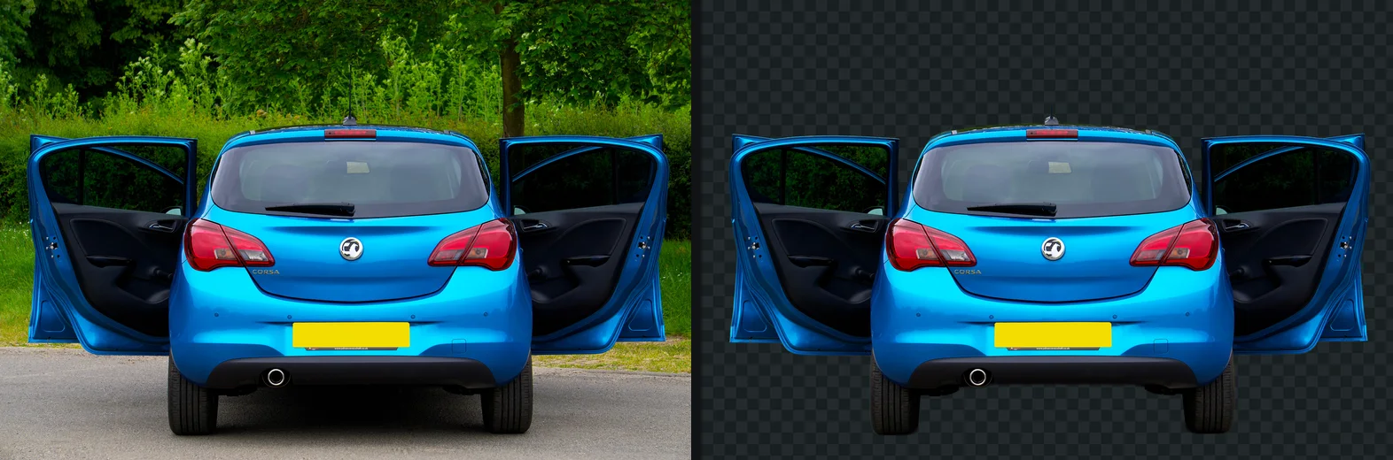 A blue car with its doors open on a street, and the car alone on a transparent background