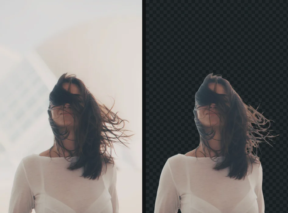 A woman with windblown dark hair on a light background, and the same photo on a transparent background