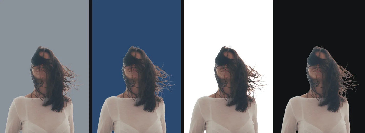 The same portrait on four backgrounds: mid grey, dark blue, white and near black