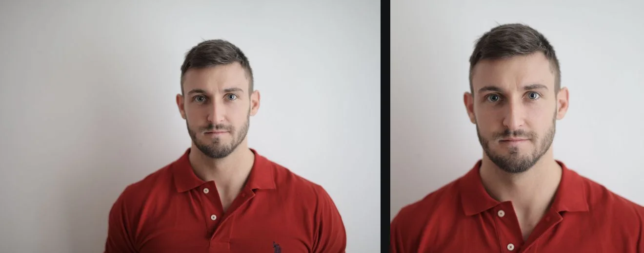A man in a red polo shirt in front of a plain light wall, and the same photo cropped to a square 2 by 2 inch passport photo with the head filling the middle