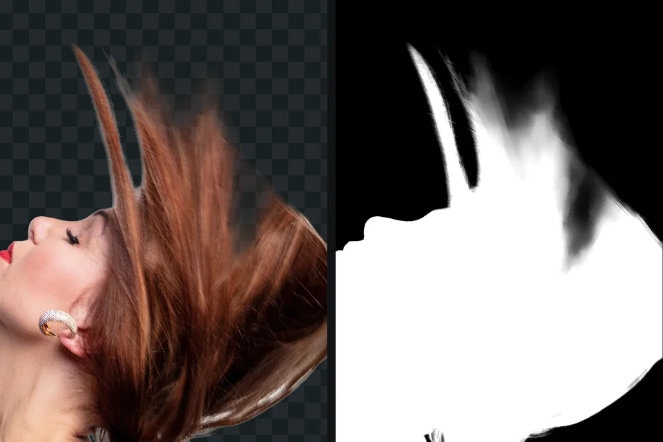 A close-up of the cutout hair beside its alpha channel shown in grey, white where solid and grey where see-through