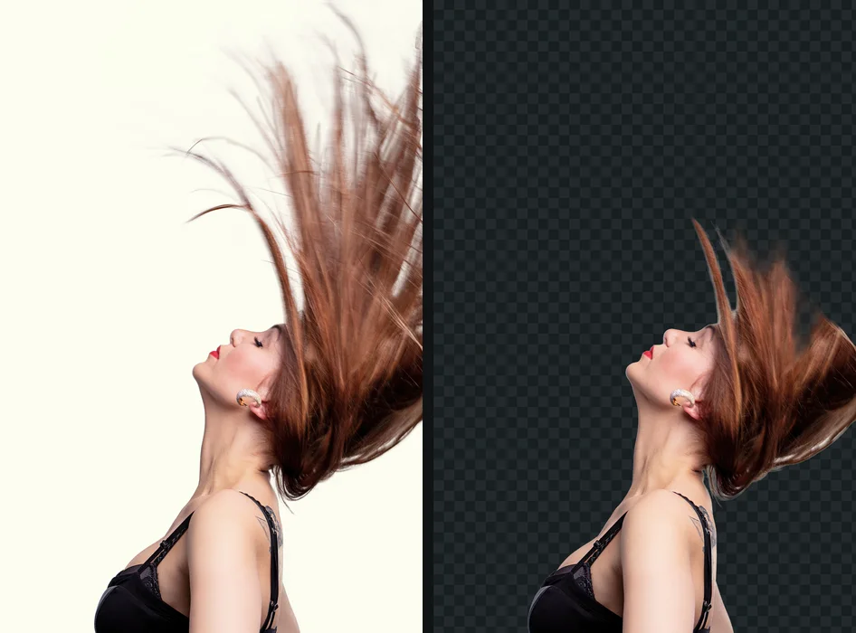 A woman flipping long red hair against a white wall, and the same photo with the wall removed, the flying strands kept