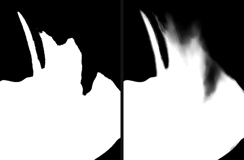 Two masks of the same hair: on the left hard black and white with jagged ends, on the right soft grey along the strands