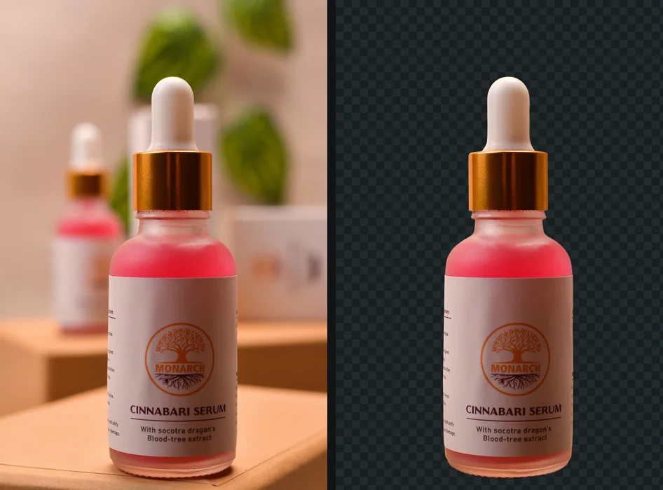 A serum bottle on a shelf with other bottles behind it, and the bottle alone on a transparent background