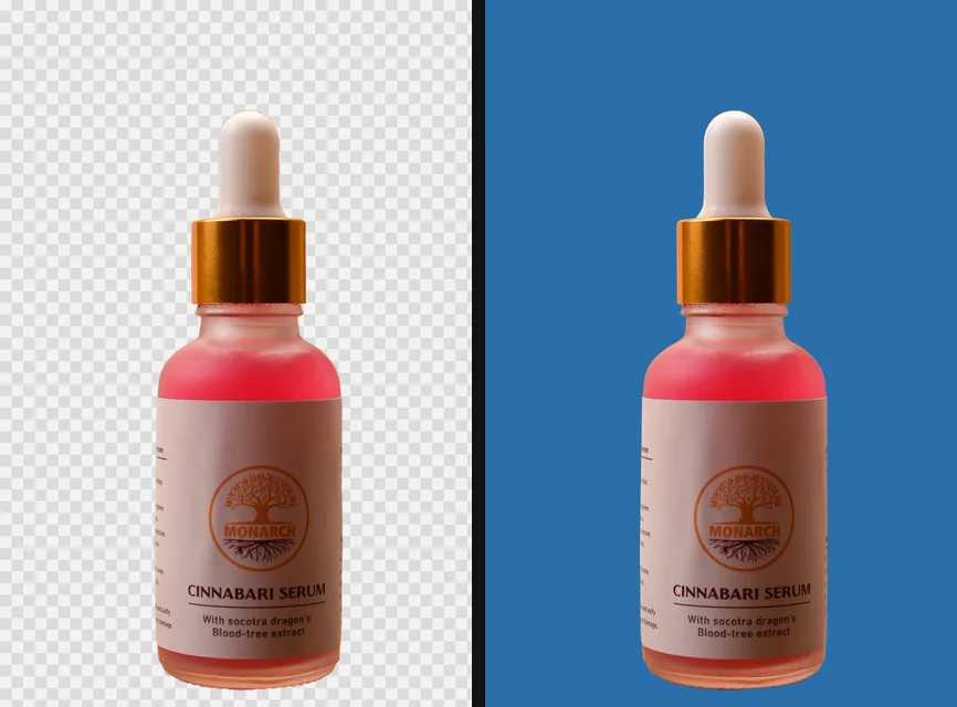 The serum bottle on a grey and white checkerboard that is part of the picture, and the real cutout on blue