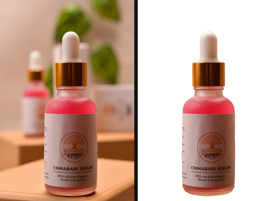 A serum bottle on a shelf, and the same bottle on a pure white background
