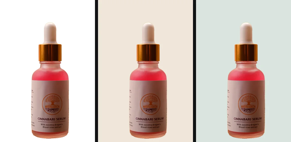 The serum bottle three times, on pure white, on a warm off-white and on a pale sage green