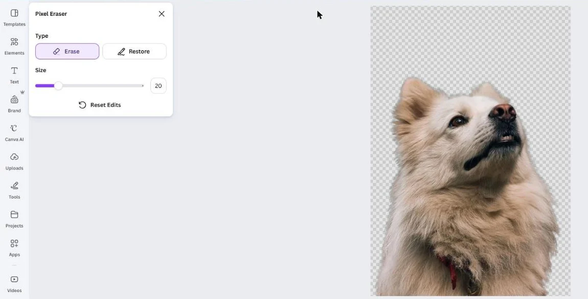 The Canva Pixel Eraser panel with Erase and Restore, a Size slider set to 20 and Reset Edits, beside the dog on a checkerboard
