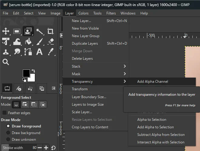 The GIMP Layer menu open at Transparency, with Add Alpha Channel at the top of the submenu