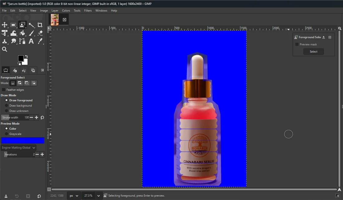GIMP with a close outline around a serum bottle, the background tinted blue, and the inside of the bottle painted over with light foreground strokes
