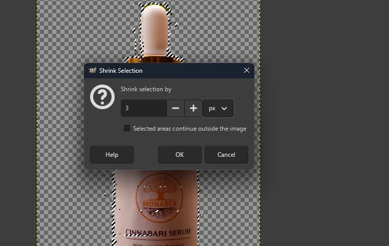The GIMP Shrink Selection dialog set to 3 pixels, over the cut-out bottle with a dashed selection around it