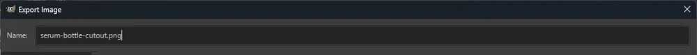 The GIMP Export Image dialog with the name field set to serum-bottle-cutout.png