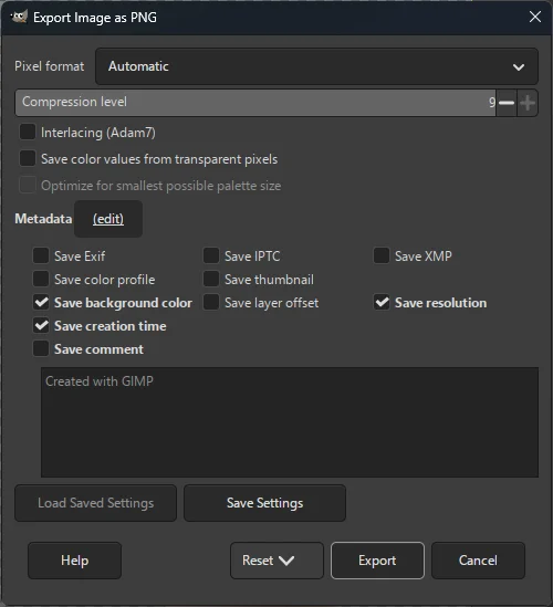 The GIMP Export Image as PNG dialog with Save color values from transparent pixels unticked