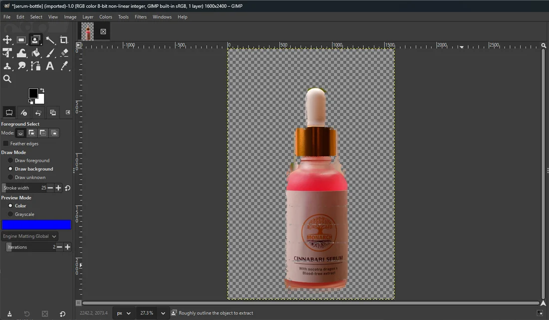 GIMP showing the finished serum bottle cutout on a transparent checkerboard, dropper, cap, label and base all intact