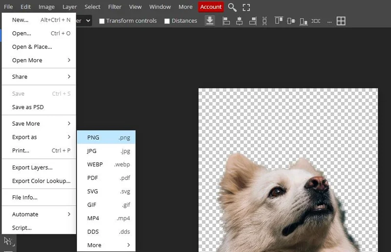 The Photopea File menu open at Export as, with PNG highlighted in the submenu