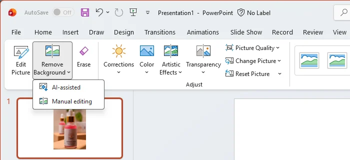 The PowerPoint Remove Background button open as a menu with AI-assisted and Manual editing