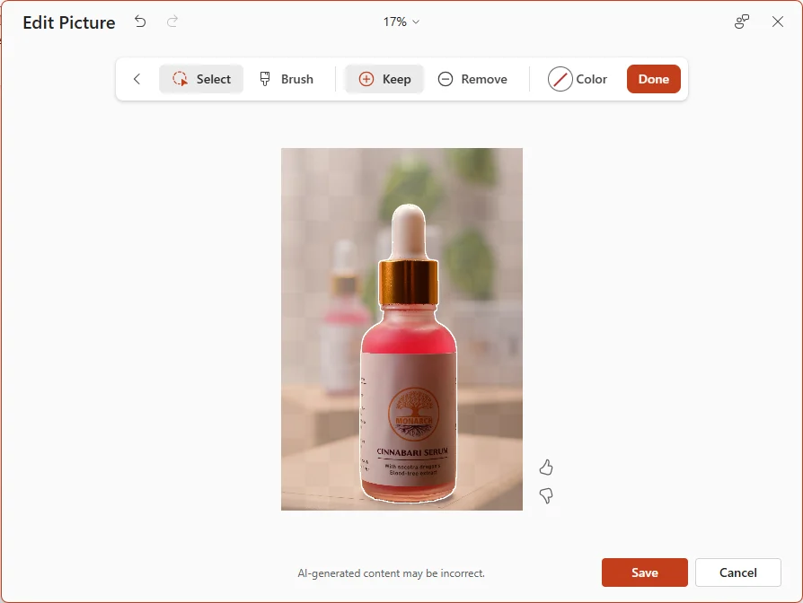 The PowerPoint Edit Picture window with Select, Brush, Keep and Remove, the bottle outlined, and a note that AI-generated content may be incorrect