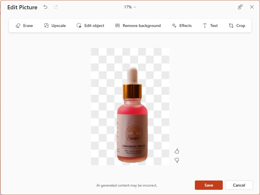 The PowerPoint Edit Picture window showing the bottle on a checkerboard, with Erase, Upscale, Edit object and Remove background tools