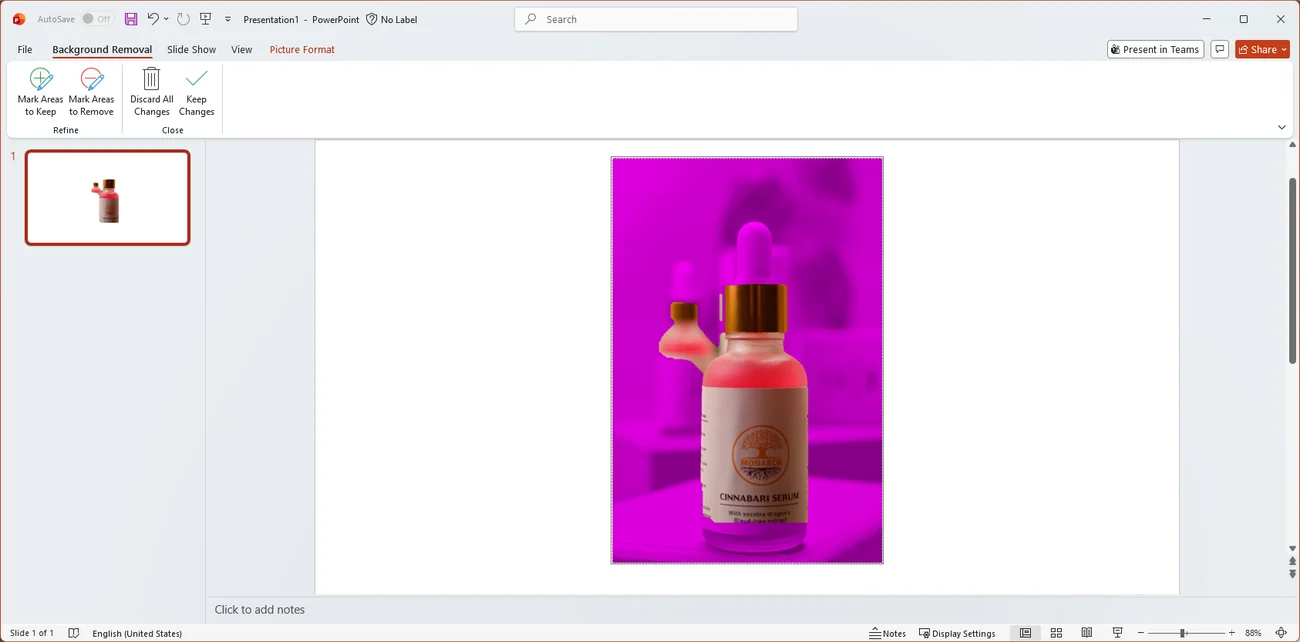 PowerPoint Background Removal view: the background magenta, part of the rear bottle kept and the top of the dropper wrongly turned magenta