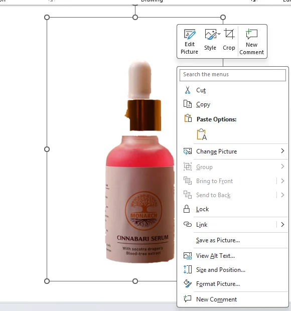 The PowerPoint right-click menu on the cut-out bottle with Save as Picture