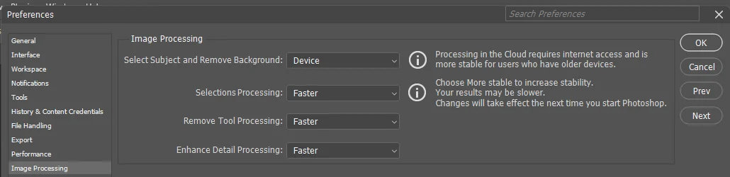 Photoshop Preferences at Image Processing, with Select Subject and Remove Background set to Device