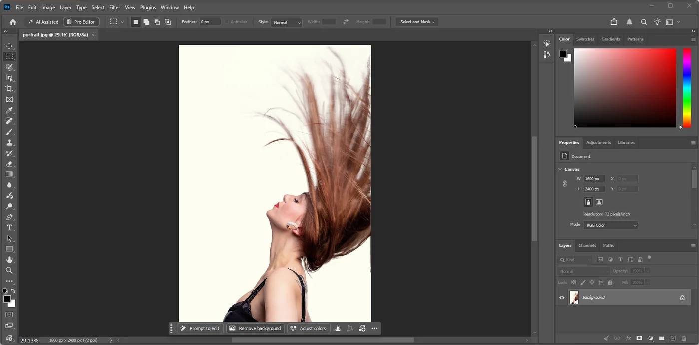Photoshop with the portrait open and the Contextual Task Bar under it showing Remove background, with its tooltip