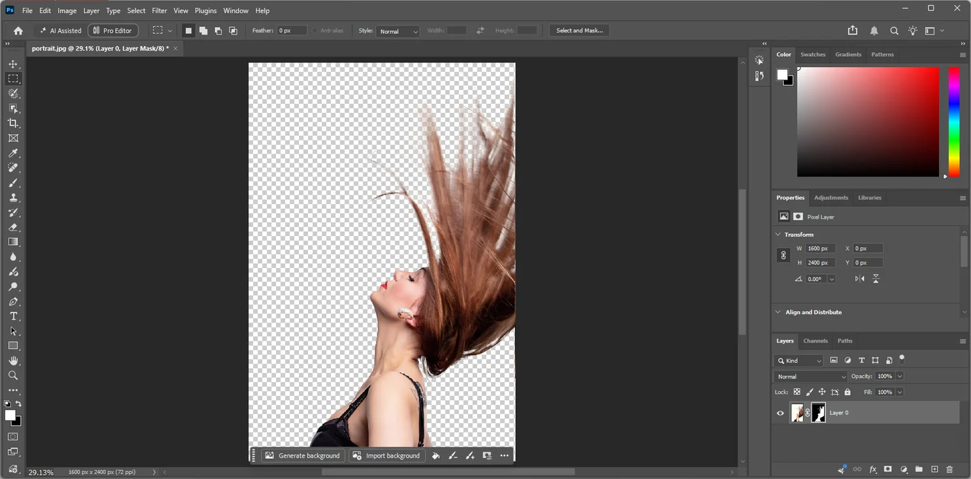 Photoshop after Remove background: the woman and her hair on a checkerboard, and a layer mask beside Layer 0 in the Layers panel