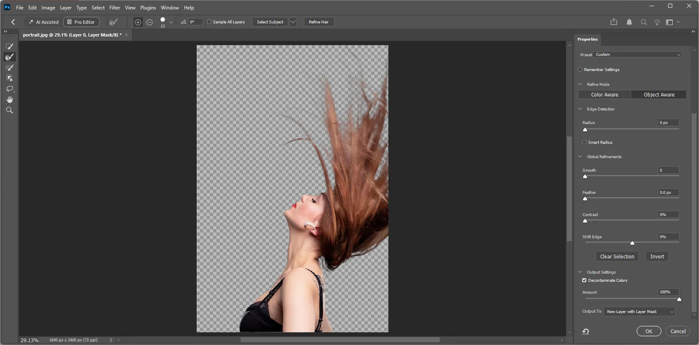 The Photoshop Select and Mask workspace with Refine Hair in the options bar, Refine Mode, Global Refinements and Output Settings