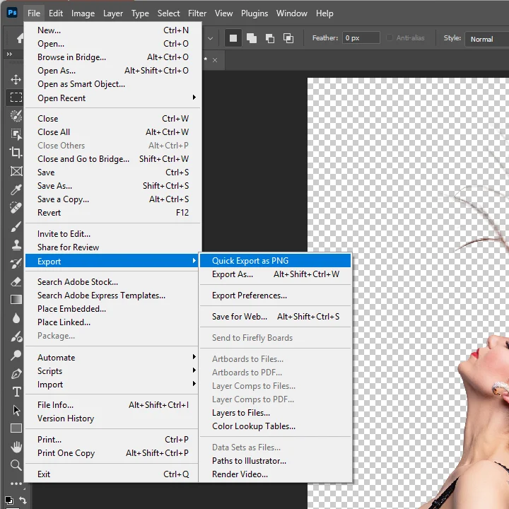 The Photoshop File menu open at Export, with Quick Export as PNG highlighted